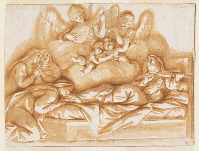 Ontwerp voor een monochrome muurschildering, Kerk van Corpus Domini, Bologna, Italië, Dood van St. Caterina Vigri door Marc Antonio Franceschini