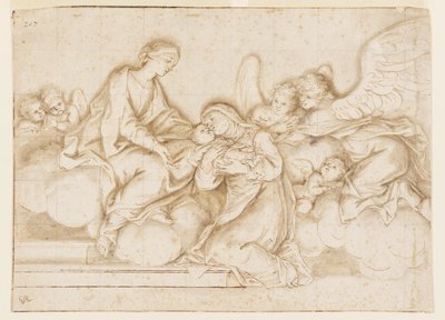 Ontwerp voor een Monochrome Muur Schildering, Kerk van Corpus Domini, Bologna, Italië, St. Caterina Vigri Ontvangt het Kind van de Maagd door Marc Antonio Franceschini