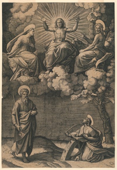 Jezus Christus, de Maagd en Johannes de Doper met de heiligen Paulus en Catharina door Marc Antonio Raimondi