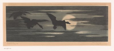 Drie eenden trekkend langs de ondergaande zon door Marc Henry Meunier (attributed to)