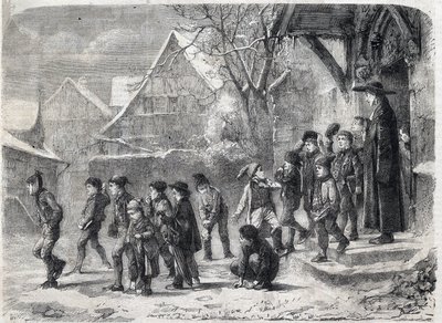 Uit school in de winter. Gravure naar een schilderij van M. B. Vautier in 