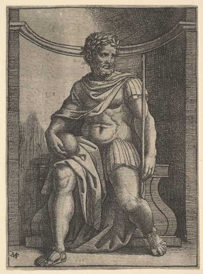 Een Romeinse keizer zittend in een nis met een globe en scepter, ca. 1500-1534 door Marcantonio Raimondi