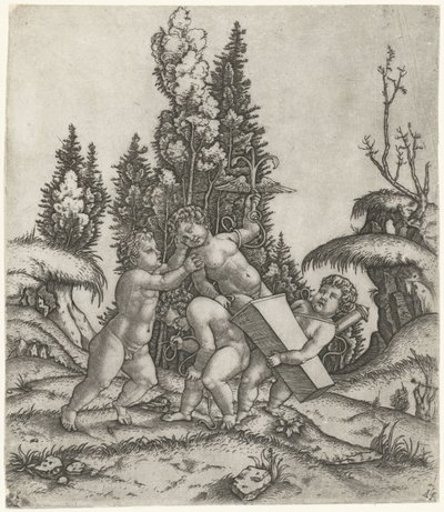 Amor en twee putti of kinderen dragen beeld van putti met gevleugeld anker op sokkel door Marcantonio Raimondi