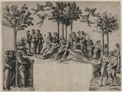 Apollo op de Parnassus door Marcantonio Raimondi