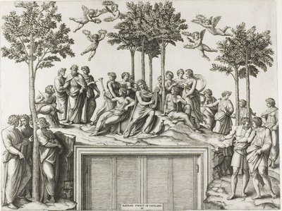 Apollo op Parnassus, Omringd door de Muzen en Dichters door Marcantonio Raimondi
