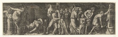 Bacchanaal met een dronken Bacchus, en saters en maenaden door Marcantonio Raimondi
