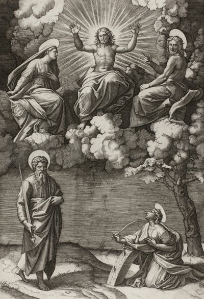 Christus, de Maagd en Sint-Jan de Doper met Heiligen Paulus en Catharina door Marcantonio Raimondi