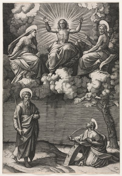 Christus, de Maagd, en St. Johannes de Doper met Heiligen Paulus en Catharina door Marcantonio Raimondi
