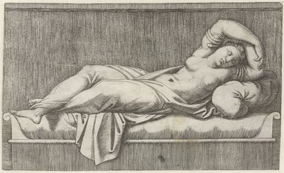Cleopatra halfnaakt liggend op bed door Marcantonio Raimondi