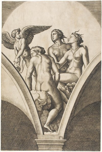 Cupido en de drie Gratiën door Marcantonio Raimondi