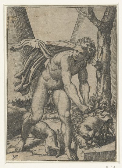 David met hoofd van Goliath door Marcantonio Raimondi