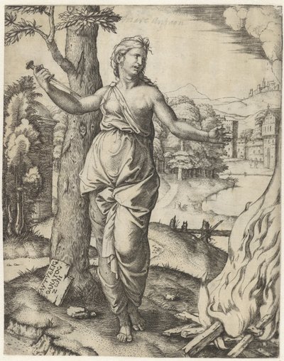 Dido doodt zichzelf met dolk naast brandstapel door Marcantonio Raimondi