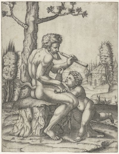 Faun met fluit speelt met kind door Marcantonio Raimondi