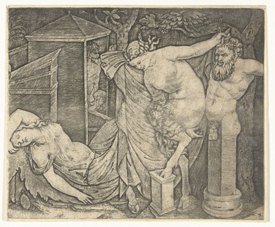 Fragment van bacchanaal met satervrouw en herme en slapende bacchante door Marcantonio Raimondi