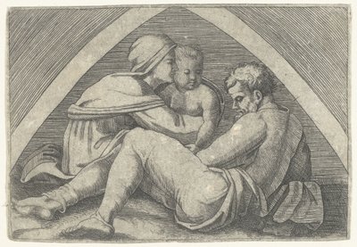 Heilige Familie onder een boog door Marcantonio Raimondi