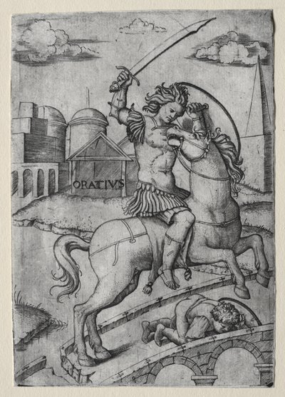 Horatius Cocles verdedigt de Sublicische brug door Marcantonio Raimondi