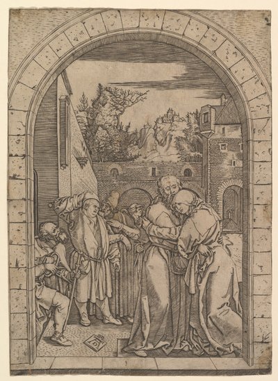 Joachim omhelst Sint-Anna onder de gouden poort in Jeruzalem, naar Dürer, ca. 1500-1534 door Marcantonio Raimondi