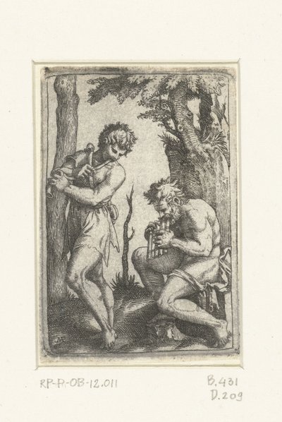 Jonge herder met schalmei en oude herder met panfluit door Marcantonio Raimondi