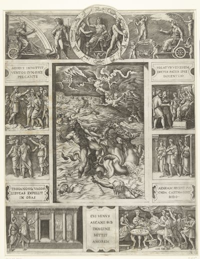 Jupiter bedaart de storm op zee in rechthoekige omlijsting met negen scènes uit epos Aeneis door Marcantonio Raimondi