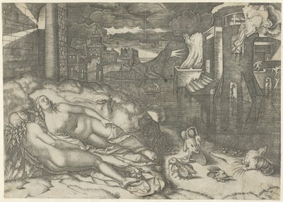 Landschap met twee naakte slapende vrouwen en fantasiedieren op oever bij water met brandend gebouw door Marcantonio Raimondi