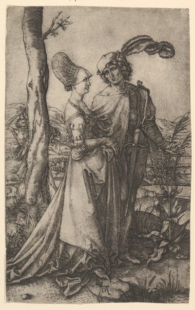 Heer en dame wandelen met de figuur van de dood die zich achter een boom verstopt, een zandloper vasthoudend door Marcantonio Raimondi