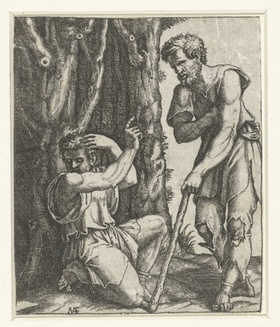 Man knielt en wendt zich af van bedelaar aan bosrand door Marcantonio Raimondi