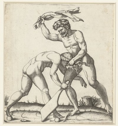 Man vechtend met vrouw als personificatie van Fortuin (Fortuna) door Marcantonio Raimondi