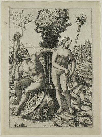 Mars, Venus en Cupido door Marcantonio Raimondi