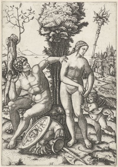 Mars en Venus als liefdespaar met Amor door Marcantonio Raimondi