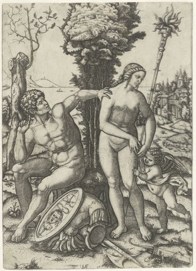 Mars en Venus als liefdespaar met Amor door Marcantonio Raimondi