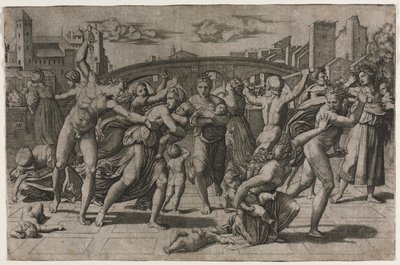 Bloedbad van de onschuldigen zonder de dennenboom door Marcantonio Raimondi