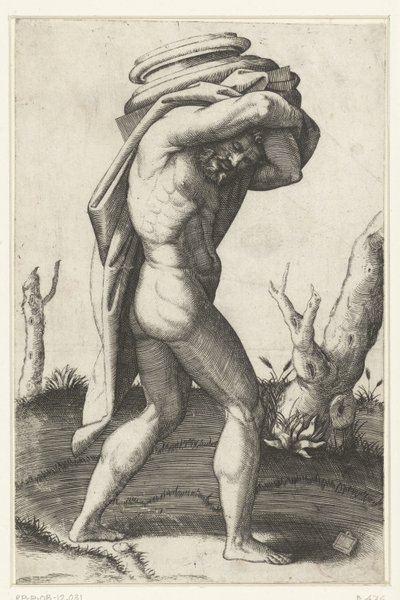 Naakte man draagt basis van zuil op zijn rug door Marcantonio Raimondi