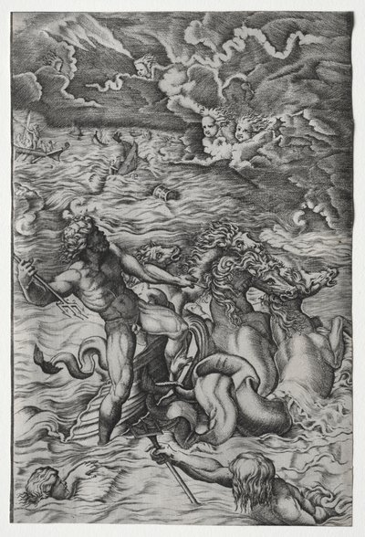 Neptunus kalmeert de storm die Aeolus tegen de vloot van Aeneas heeft opgewekt door Marcantonio Raimondi
