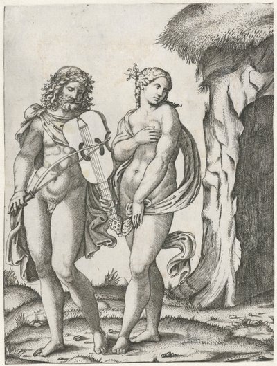 Orpheus speelt op viola voordat Eurydice naar onderwereld gaat door Marcantonio Raimondi