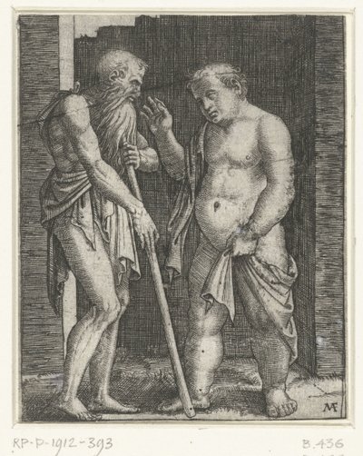 Oude man leunend op stok en gebarende jonge dikke man door Marcantonio Raimondi