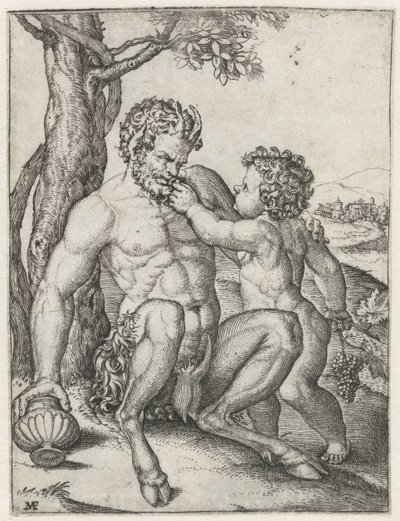 Pan met drinkbeker en Bacchus als kind met druiventros door Marcantonio Raimondi