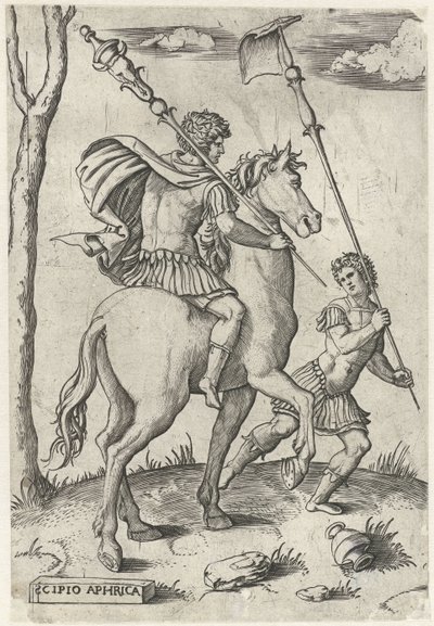Romeinse generaals Scipio Africanus Maior te paard en Scipio Africanus Minor Romeinse helden te paard (series title) door Marcantonio Raimondi