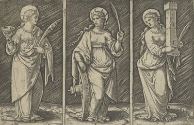 Heilige Barbara links, Heilige Catharina, midden, Heilige Lucia rechts door Marcantonio Raimondi