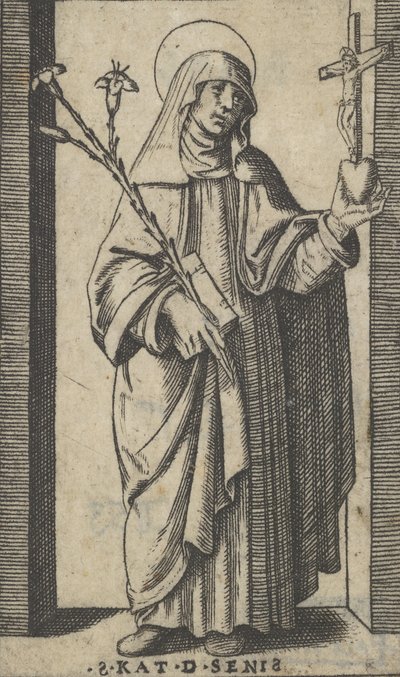 Sint Catharina van Siena staande met bloemen en boek in haar rechterhand door Marcantonio Raimondi