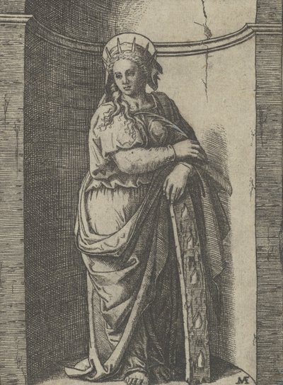 Sint-Catharina staand in een nis, leunend op een wiel, haar martelwerktuig door Marcantonio Raimondi