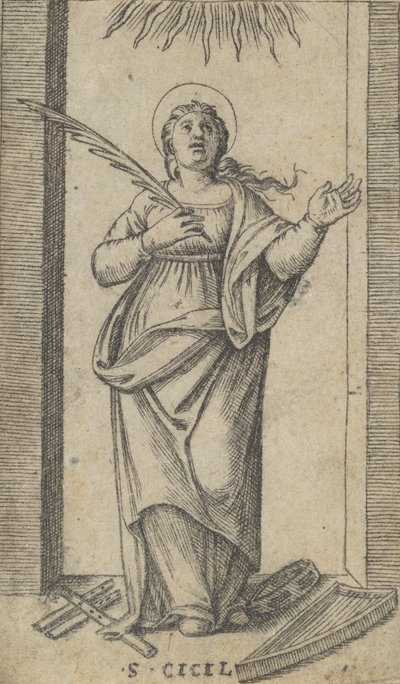 Heilige Cecilia staand met een palmtak van martelaarschap in haar rechterhand, ca. 1500-1527 door Marcantonio Raimondi