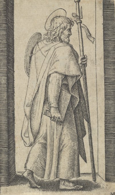 Sint Jacobus Major, boek in zijn rechterhand, staf in zijn linkerhand, naar rechts kijkend door Marcantonio Raimondi