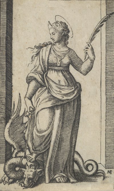Sint Margaretha staand, een draak links, uit de serie 