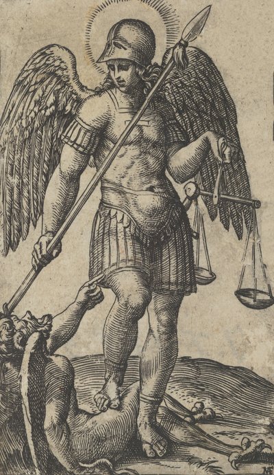 Sint Michaël met weegschaal en lans, een demon onder hem, uit de serie 