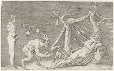Satyr besluipt een slapende nimf door Marcantonio Raimondi