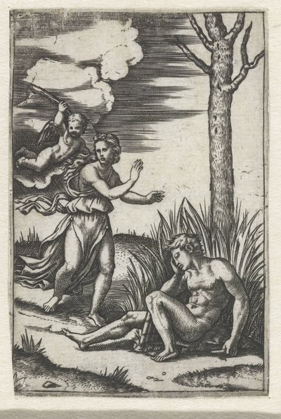 Slapende man en nimf achtervolgd door Amor door Marcantonio Raimondi