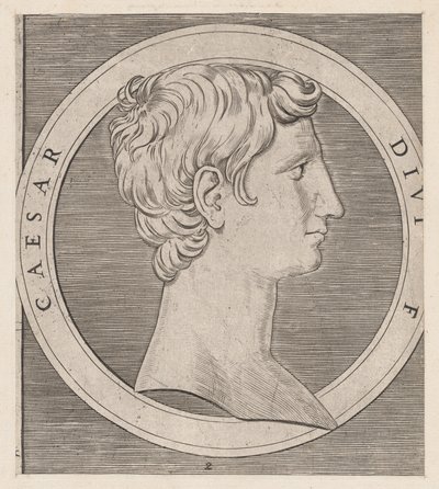 Speculum Romanae Magnificentiae: Octavianus Augustus, uit De Twaalf Caesars, ca. 1500-1534 door Marcantonio Raimondi