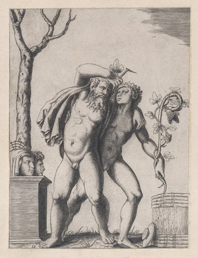 Speculum Romanae Magnificentiae: Jonge en oude Bacchant, ca. 1514-36 door Marcantonio Raimondi