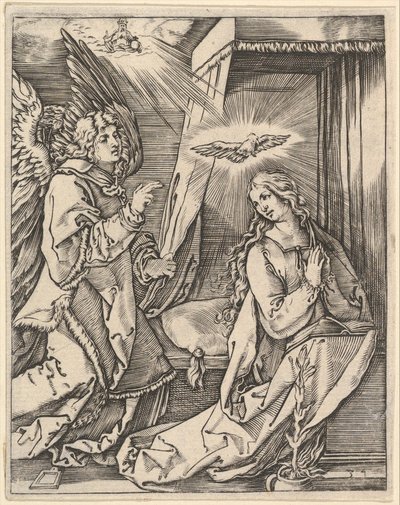 De annunciatie, links nadert de aartsengel Gabriël de biddende Maagd..., ca. 1500-1534 door Marcantonio Raimondi