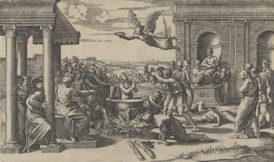 Het Martelaarschap van Sint Cecilia staand naakt in een grote ketel door Marcantonio Raimondi